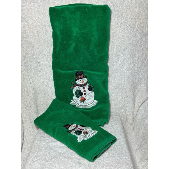 Holiday Bathworks Silk Embroidered Snowmen Towel Set 100% Cotton - Picture 1 of 3